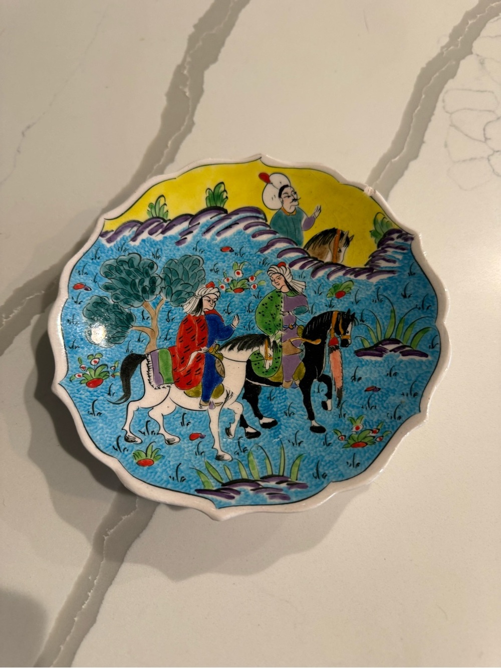 Hand-Painted Turkish Kutahya Ceramic Plate Ottoman Horse Riders Folk Art Turkey